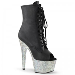 Pleaser Bejeweled-1021-7 Vegan Leather Laarzen Dames Zwart Zilver | RLTBM-BE