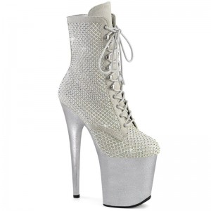 Pleaser Flamingo-1020RM Faux Suede Rhinestone Mesh Laarzen Dames Zilver | LNAFG-BE