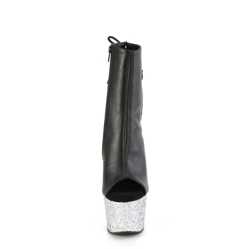 Pleaser Adore-1018LG Vegan Leather Laarzen Dames Zwart Zilver | QFXTU-BE