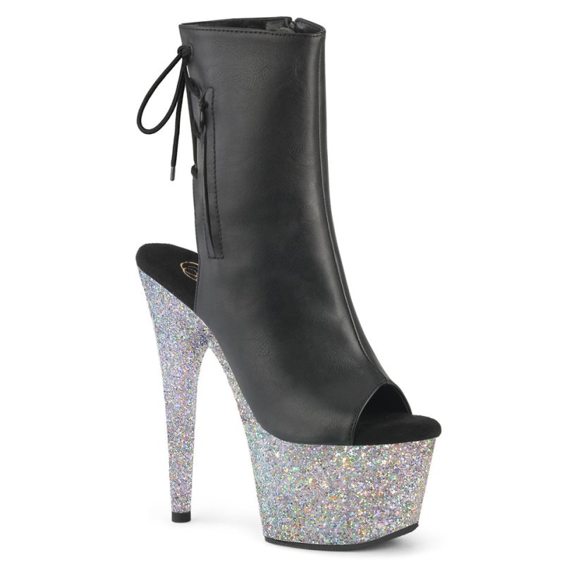 Pleaser Adore-1018LG Vegan Leather Laarzen Dames Zwart Zilver | QFXTU-BE