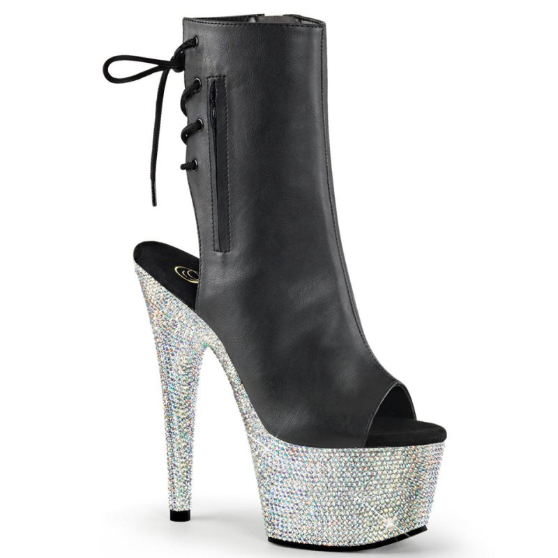 Pleaser Bejeweled-1018DM-7 Vegan Leather Laarzen Dames Zwart Zilver | PQBDI-BE