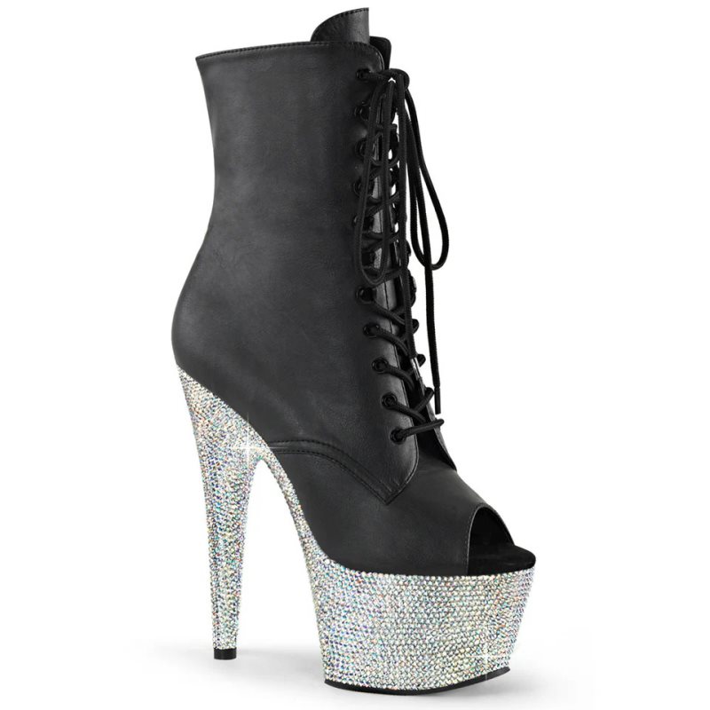 Pleaser Bejeweled-1021-7 Vegan Leather Laarzen Dames Zwart Zilver | RLTBM-BE