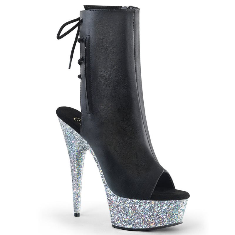 Pleaser Delight-1018LG Vegan Leather Laarzen Dames Zwart Zilver | WOVKU-BE