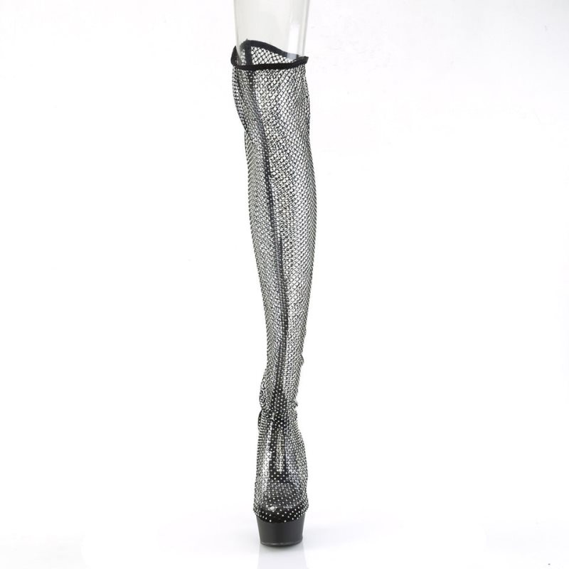Pleaser Delight-3009 Faux Suede-Rhinestone Mesh Hoge Hakken Dames Zwart | CDEMJ-BE