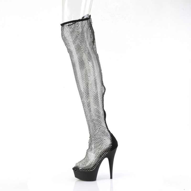 Pleaser Delight-3009 Faux Suede-Rhinestone Mesh Hoge Hakken Dames Zwart | CDEMJ-BE