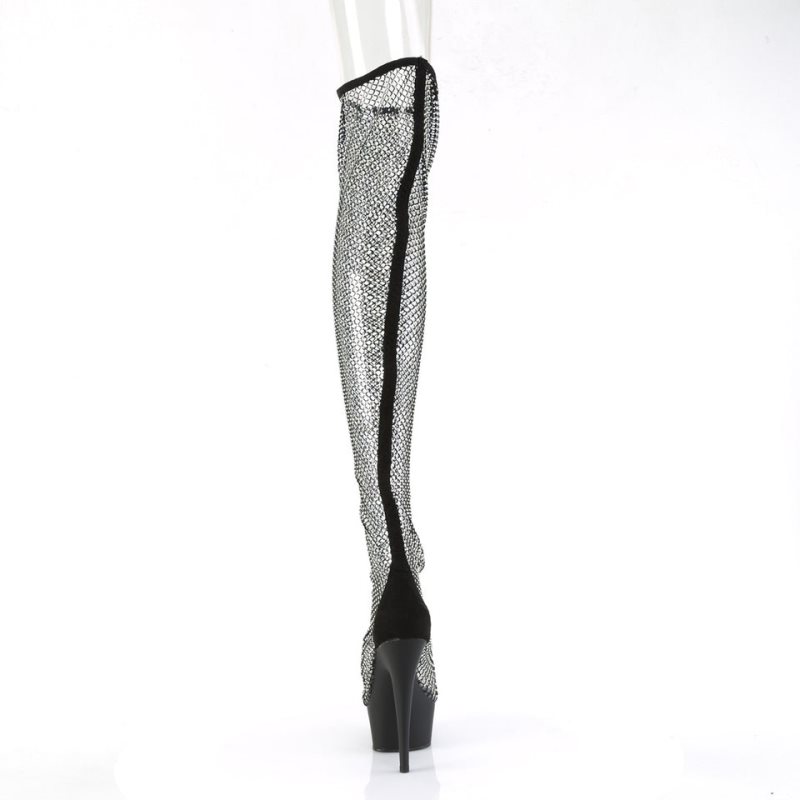 Pleaser Delight-3009 Faux Suede-Rhinestone Mesh Hoge Hakken Dames Zwart | CDEMJ-BE