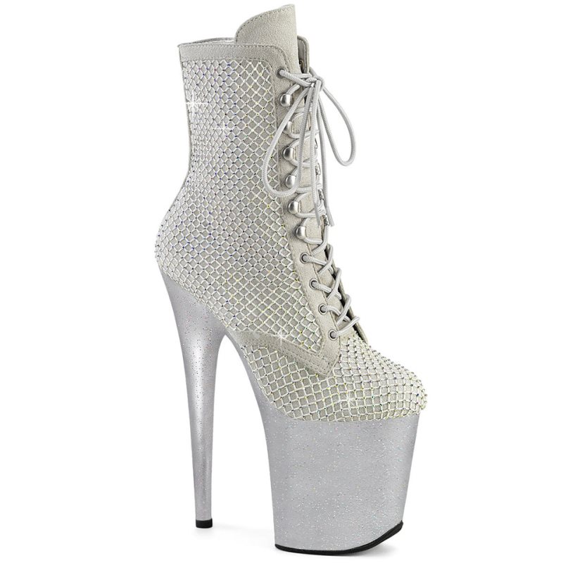 Pleaser Flamingo-1020RM Faux Suede Rhinestone Mesh Laarzen Dames Zilver | LNAFG-BE